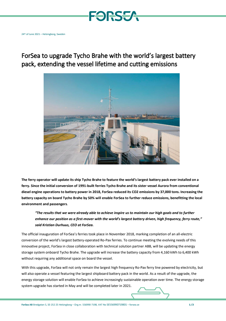 ForSea to upgrade Tycho Brahe with the world’s largest battery pack, extending the vessel lifetime and cutting emissions