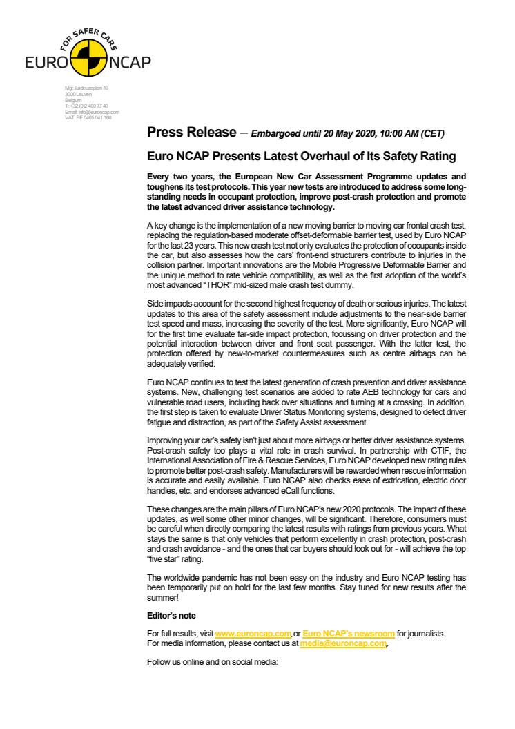 Euro NCAP press release on the new tests