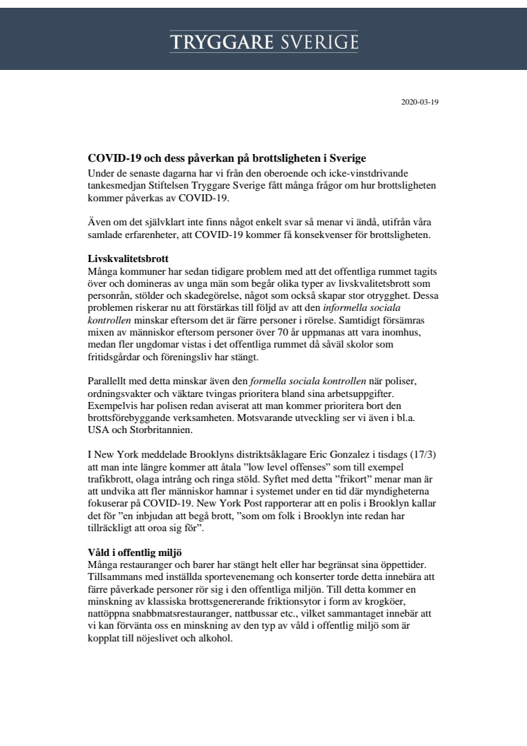 COVID-19 och dess påverkan på brottsligheten i Sverige