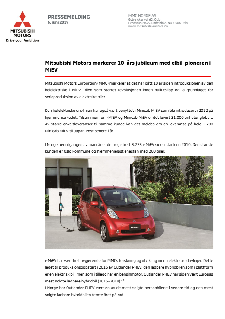 Mitsubishi Motors markerer 10-års jubileum med elbil-pioneren i-MiEV