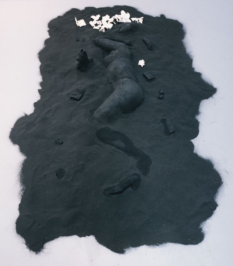 Charlotte Gyllenhammar, Döda älsklingar, 1992, Bränd sand, papper, blandteknik, ca 250 x 150 cm, Moderna Museet, Stockholm. Foto: Tord Lund. 