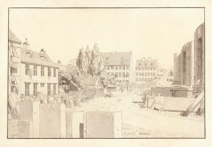 C. W. Eckersberg- Parti af Marmorpladsen. 1830'erne. Usigneret. Pen og tuschlavering. Bladstørrelse 24,5 x 35.