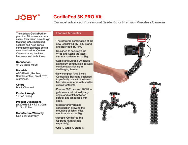 Joby GorillaPod 3K Pro Kit datasheet