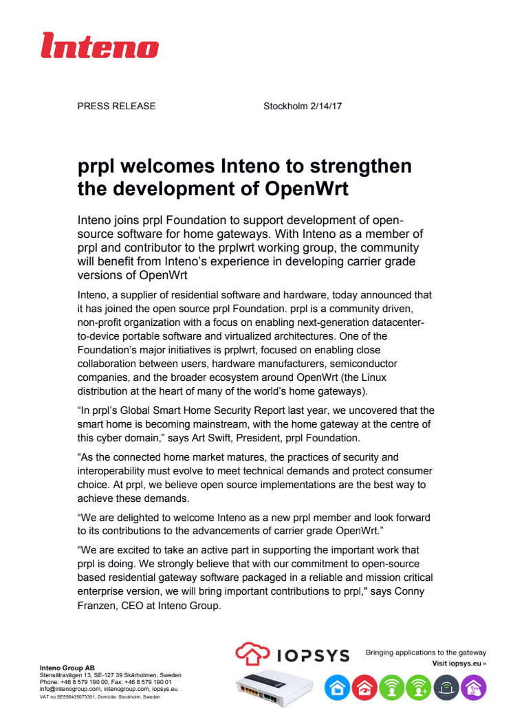 prpl welcomes Inteno to strengthen the development of OpenWrt