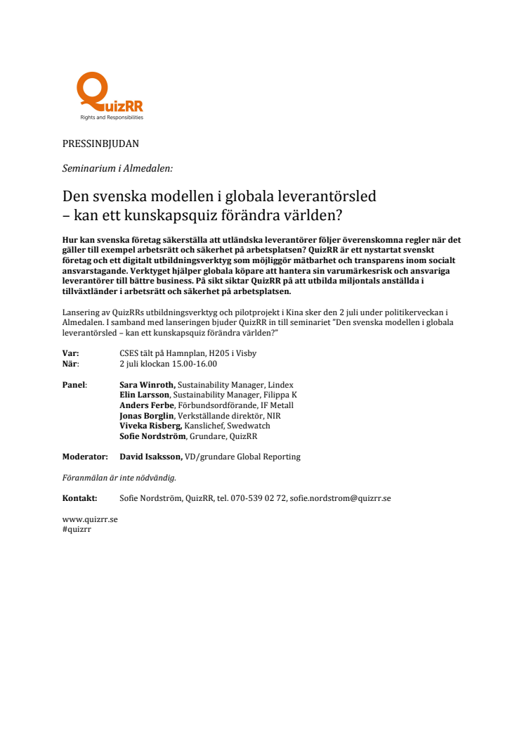 Pressinbjudan Almedalen: Den svenska modellen i globala leverantörsled  – kan ett kunskapsquiz förändra världen? 