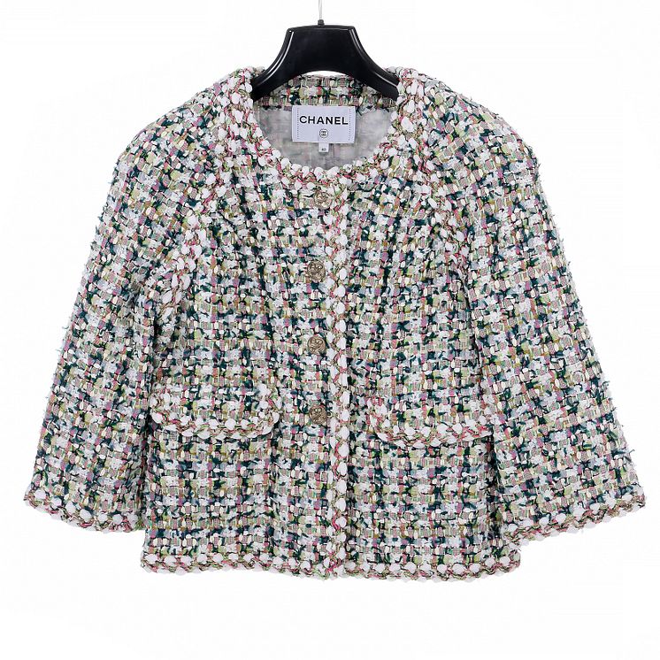 Chanel: Tweed-jakke i grønne, lyserøde og hvide nuancer