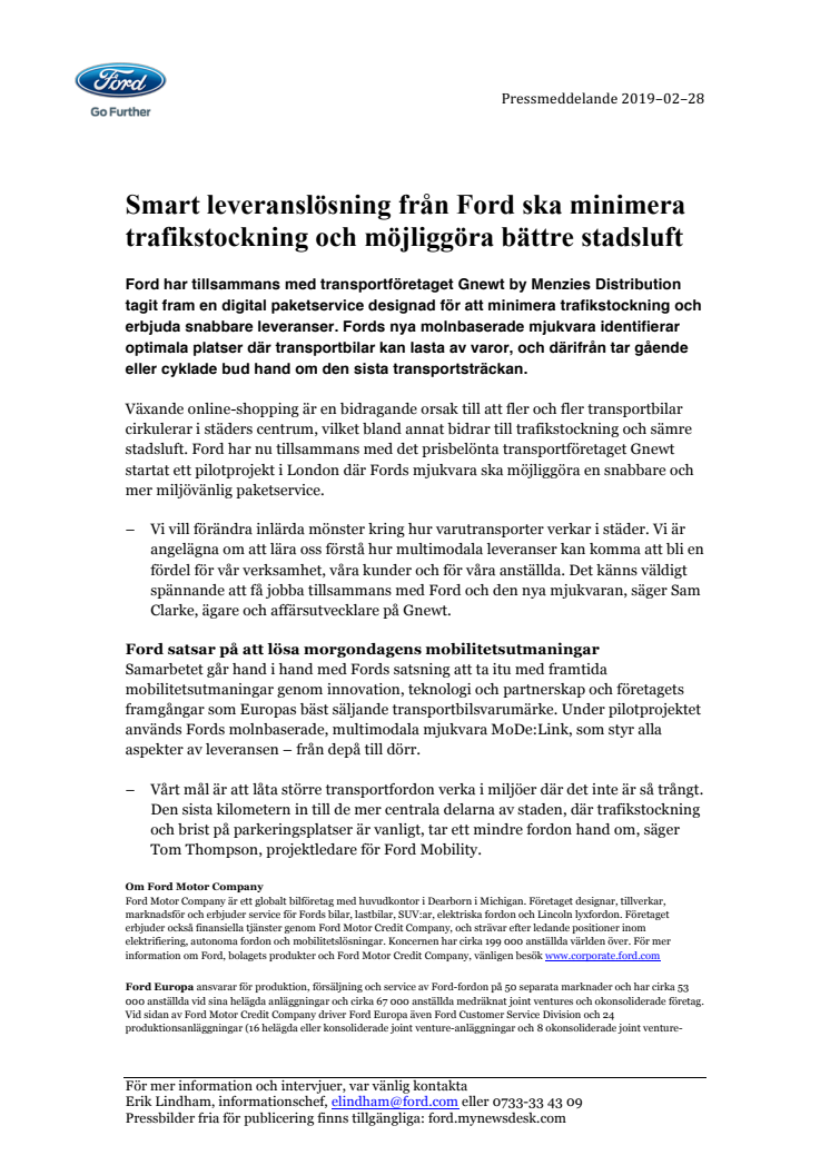 Smart leveranslösning från Ford ska minimera trafikstockning och möjliggöra bättre stadsluft