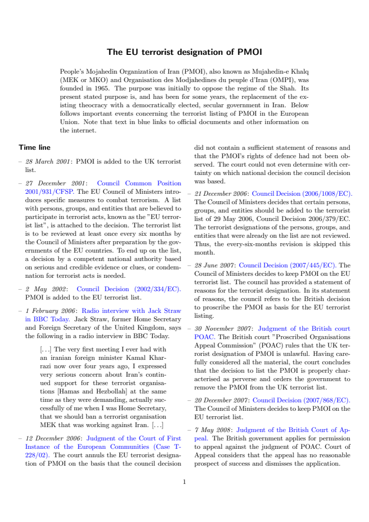 The EU terrorist designation of the PMOI