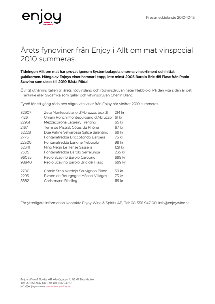 Årets fyndviner från Enjoy i Allt om mat vinspecial 2010 summeras.