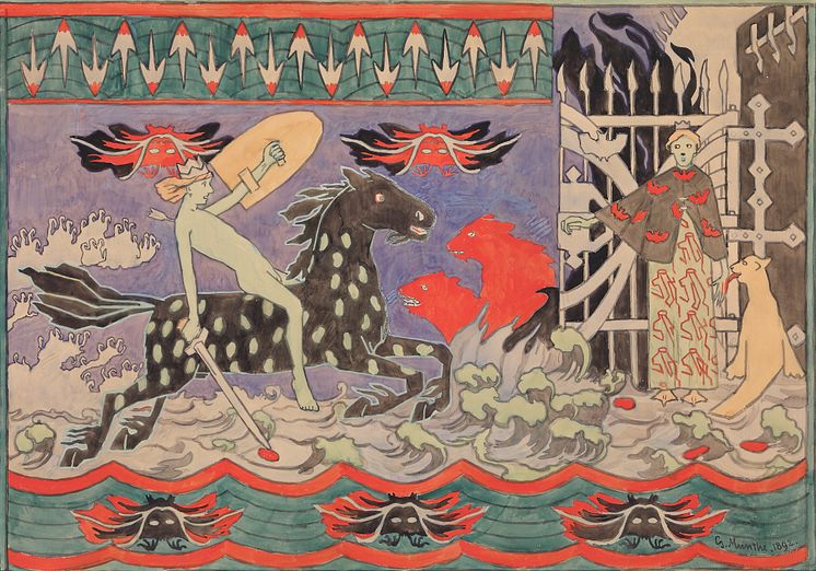 Helhesten/The Horse of Hades, akvarell, gouache og fargeskrift på papp.                          