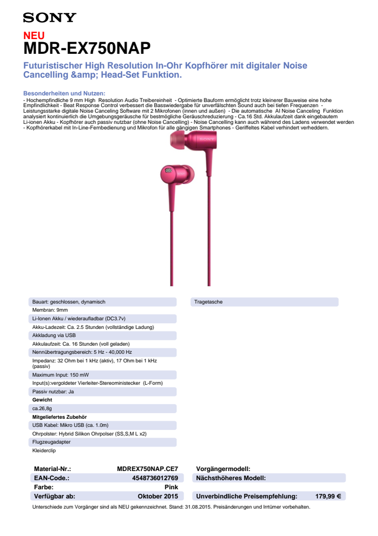 Datenblatt h.ear in von Sony_pink