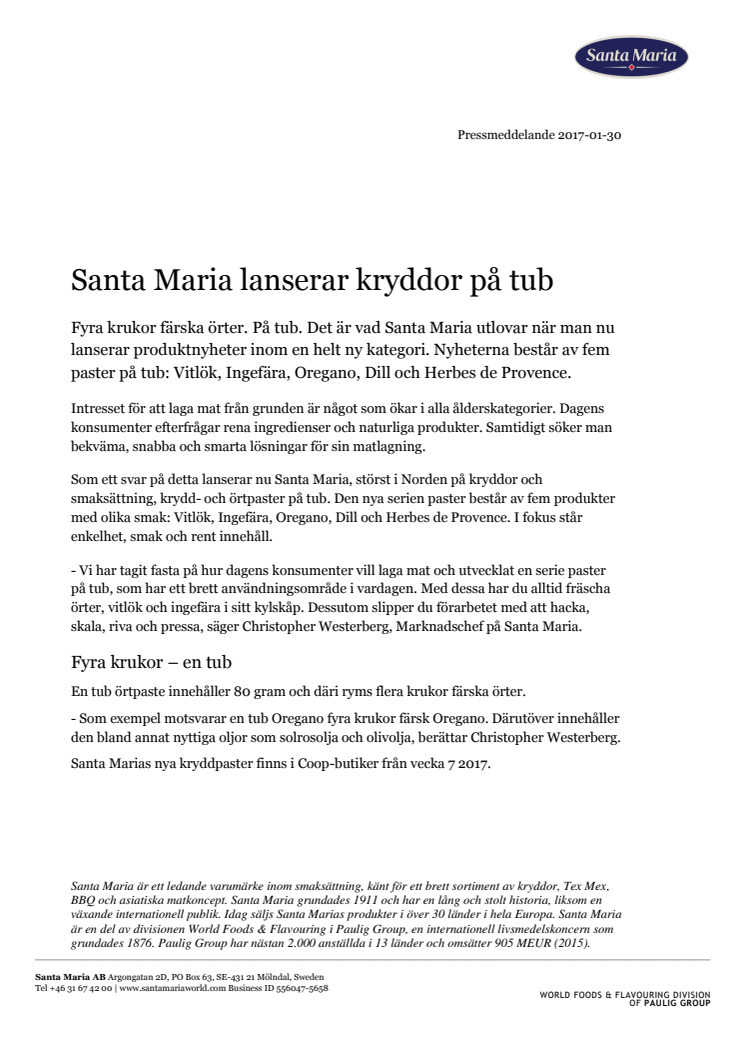 Santa Maria lanserar kryddor på tub