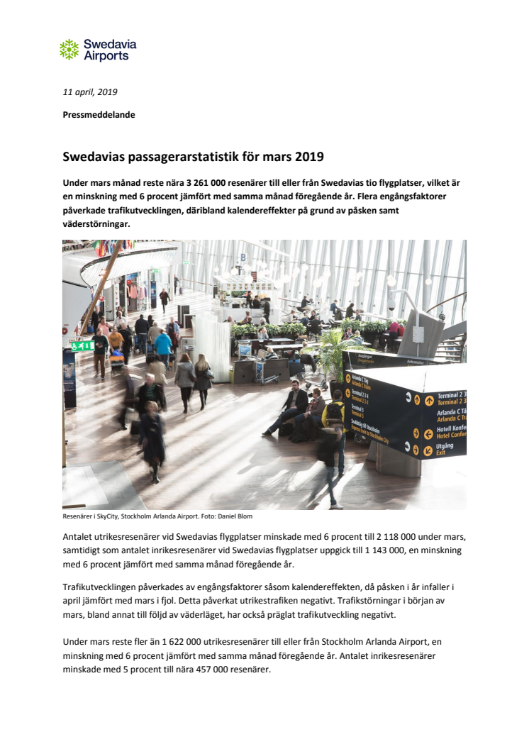 Swedavias passagerarstatistik för mars 2019