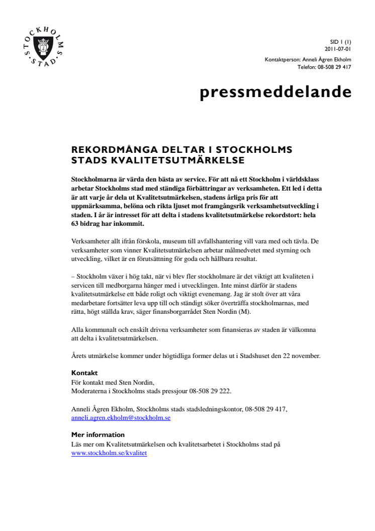 Rekordmånga deltar i Stockholms stads kvalitetsutmärkelse