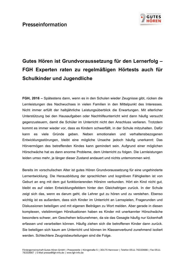 Gutes Hören ist Grundvoraussetzung für den Lernerfolg – FGH Experten raten zu regelmäßigen Hörtests auch für Schulkinder und Jugendliche