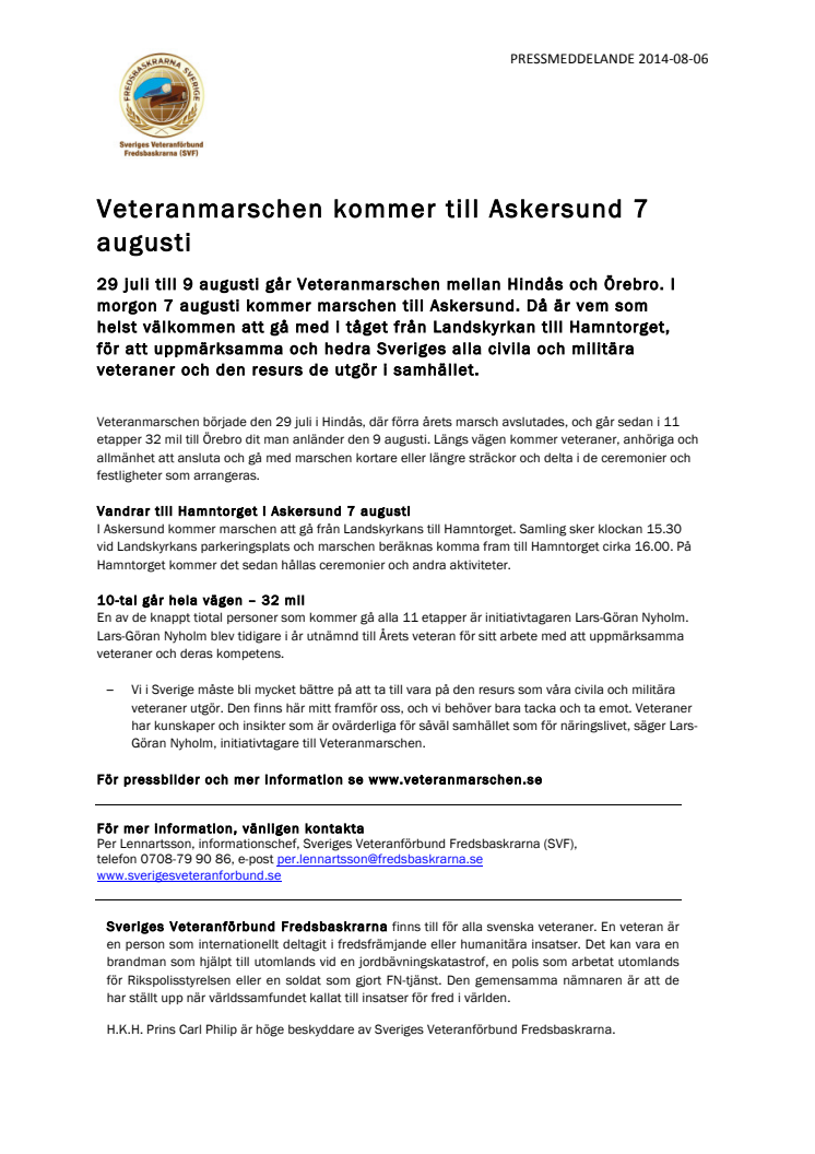 Veteranmarschen kommer till Askersund 7 augusti