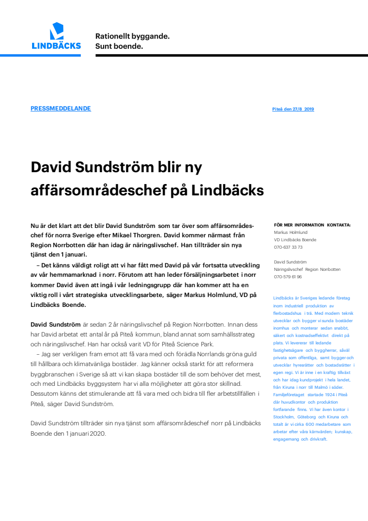 David Sundström blir ny affärsområdeschef på Lindbäcks