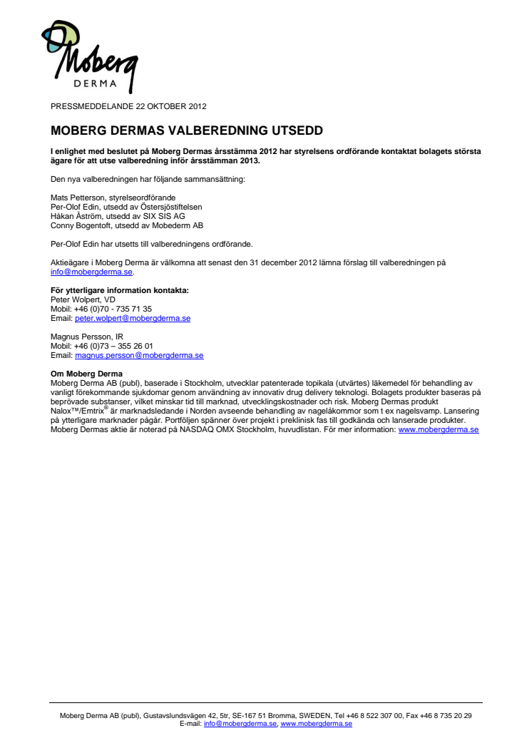 MOBERG DERMAS VALBEREDNING UTSEDD