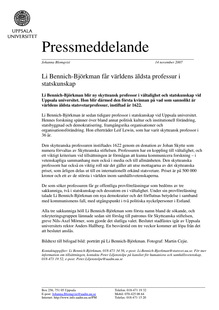 Li Bennich-Björkman får världens äldsta professur i statskunskap