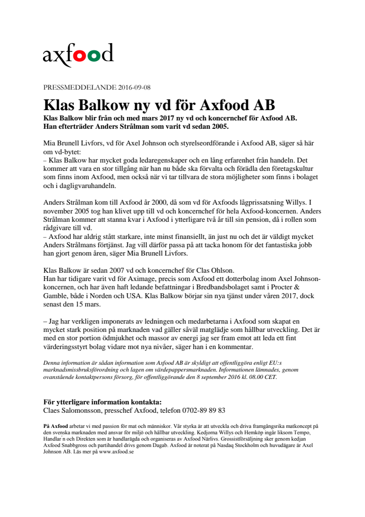 Klas Balkow ny vd för Axfood AB