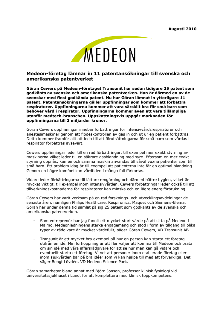 Medeon-företag lämnar in 11 patentansökningar till svenska och amerikanska patentverket 