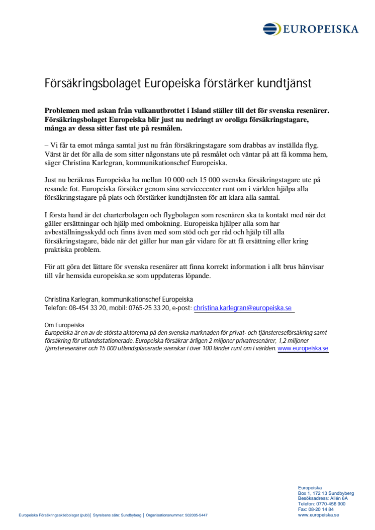 Europeiska förstärker kundtjänst - pressmeddelande 2010-04-16