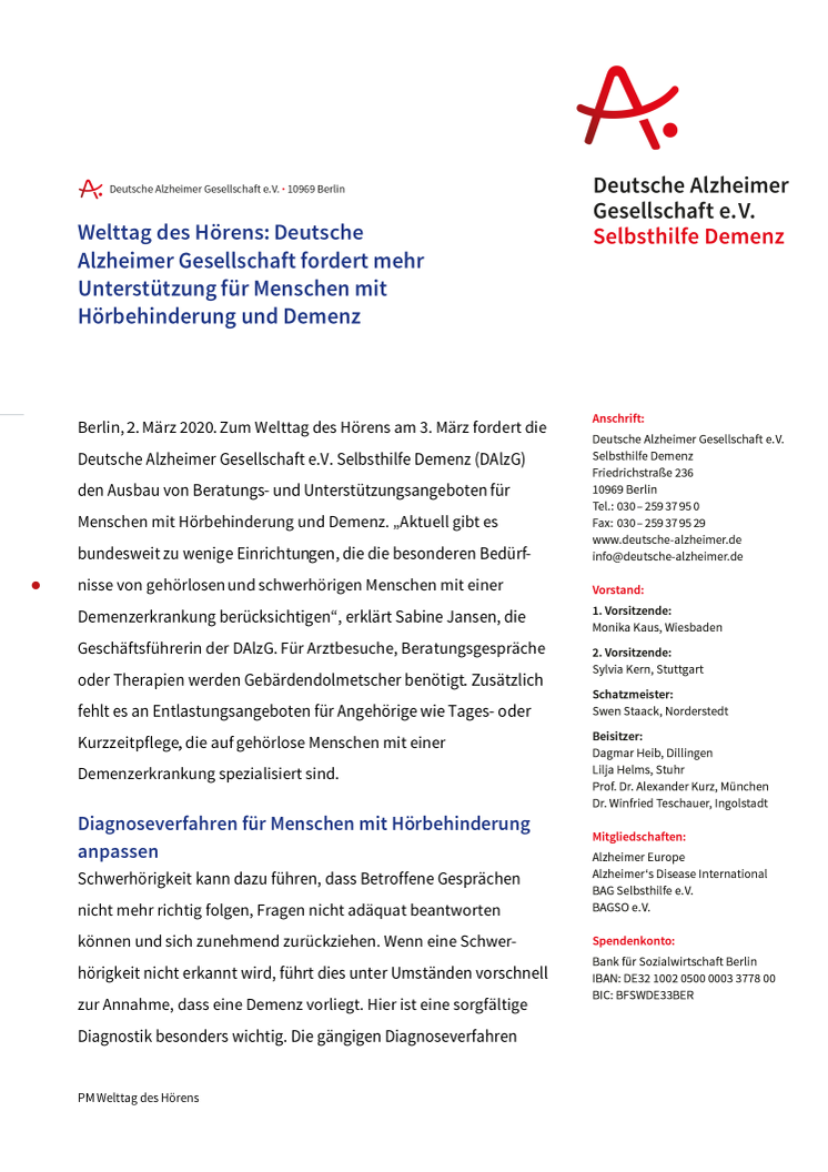 Welttag des Hörens: Deutsche Alzheimer Gesellschaft fordert mehr Unterstützung für Menschen mit Hörbehinderung und Demenz