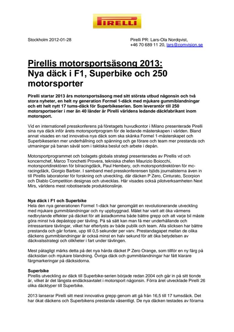 Pirellis motorsportsäsong 2013: Nya däck i F1, Superbike och 250 motorsporter