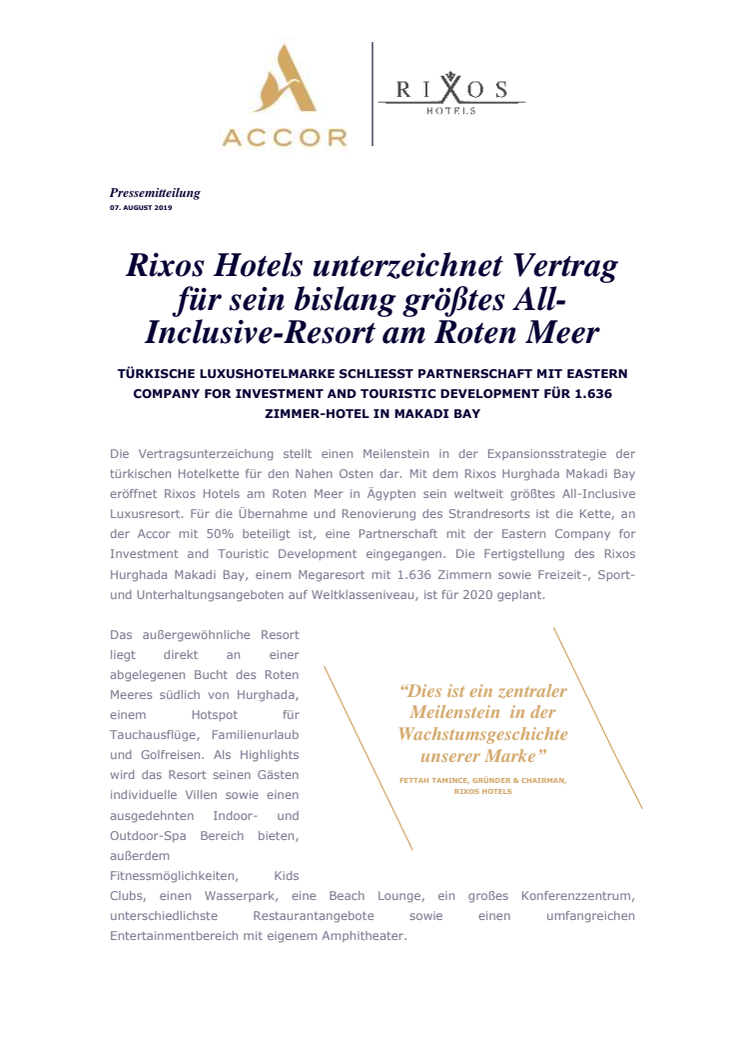 Rixos Hotels unterzeichnet Vertrag für sein bislang größtes All-Inclusive-Resort am Roten Meer