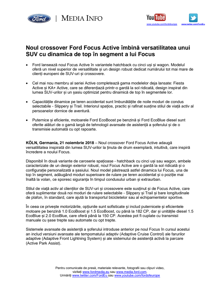Noul crossover Ford Focus Active îmbină versatilitatea unui SUV cu dinamica de top în segment a lui Focus
