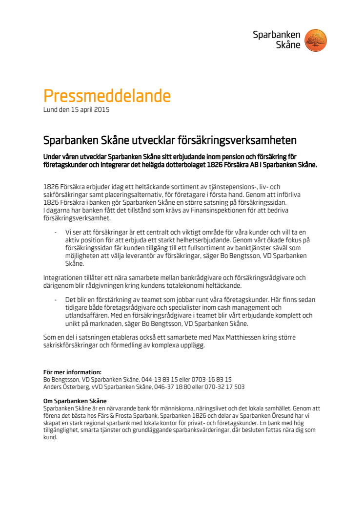 Sparbanken Skåne utvecklar försäkringsverksamheten