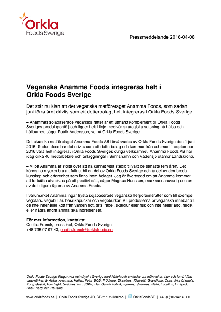 ​​​Veganska Anamma Foods integreras helt i Orkla Foods Sverige