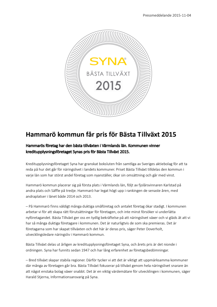 Hammarö kommun får pris för Bästa Tillväxt 2015