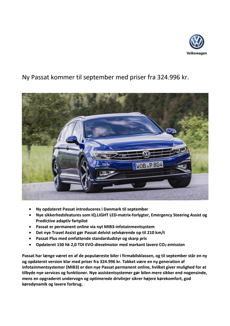 Ny Passat kommer til september med priser fra 324.996 kr.