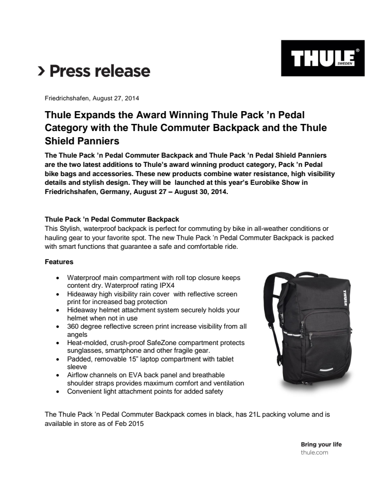 Thule Expands the Award Winning Thule Pack ’n Pedal Category with the Thule Commuter Backpack and the Thule Shield Panniers