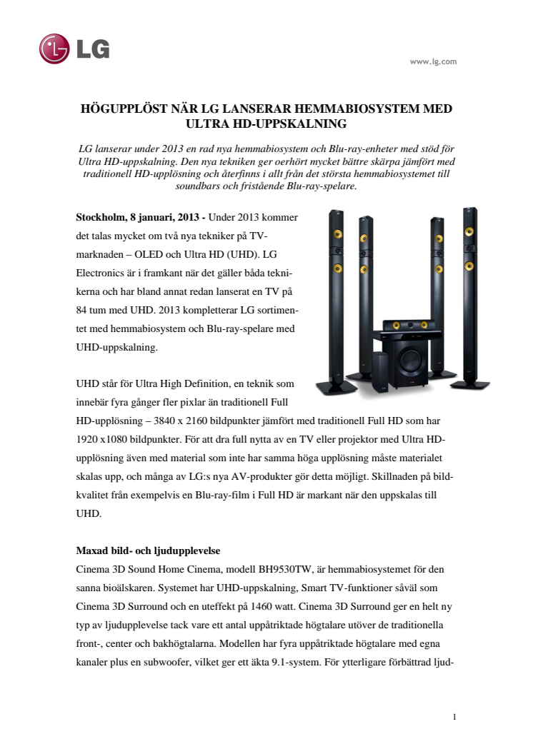 HÖGUPPLÖST NÄR LG LANSERAR HEMMABIOSYSTEM MED ULTRA HD-UPPSKALNING