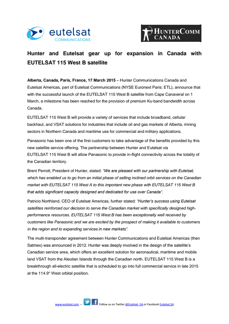 Hunter and Eutelsat gear up for expansion in Canada with EUTELSAT 115 West B satellite