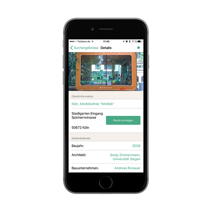 Das Detailergebnis zeigt mehrere Fotos zum Objekt, ein Kurztext informiert über das Bauwerk und die Beteiligten.