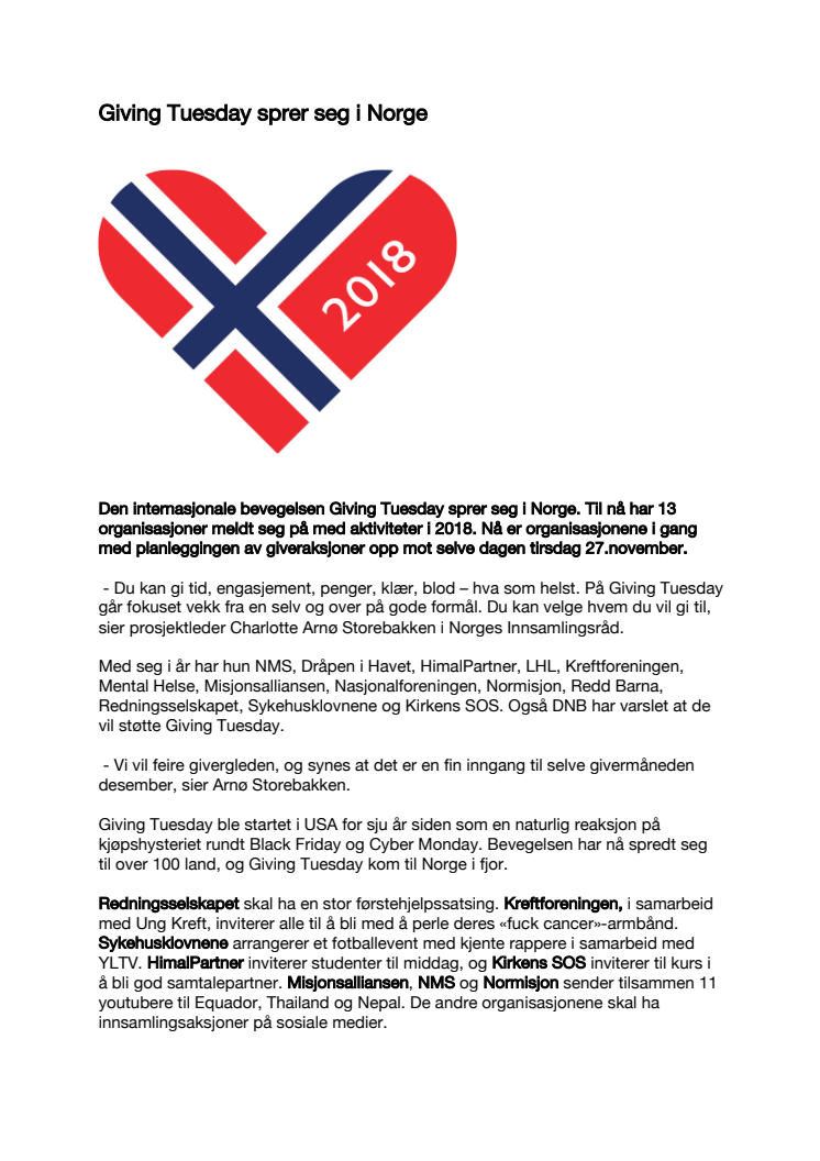 Pressemelding om Giving Tuesday 2018