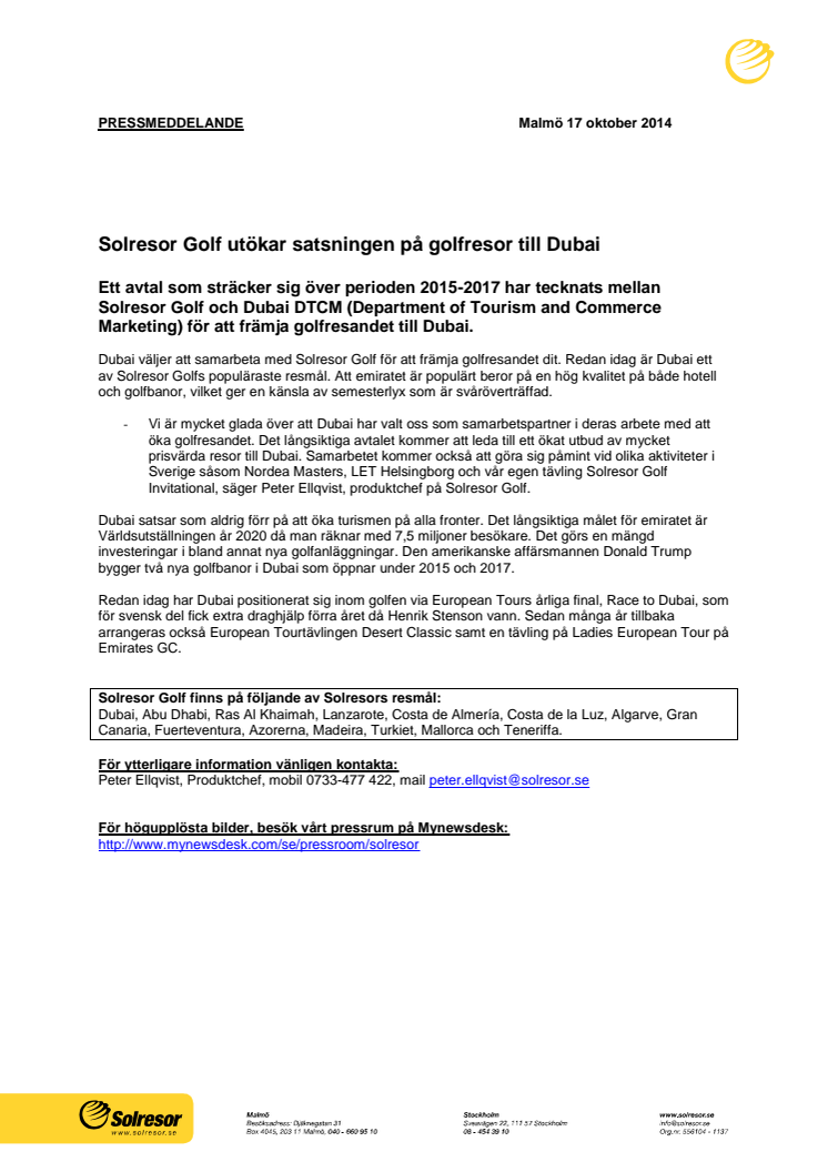 Solresor Golf utökar satsningen på golfresor till Dubai