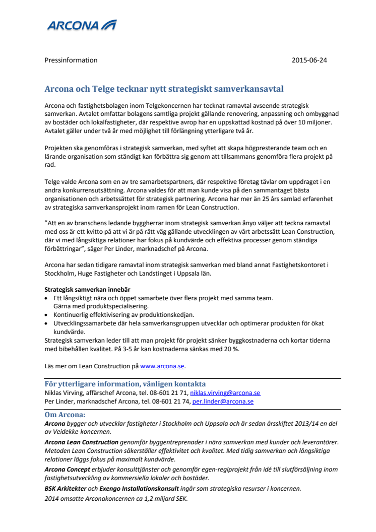 Arcona och Telge tecknar nytt strategiskt samverkansavtal