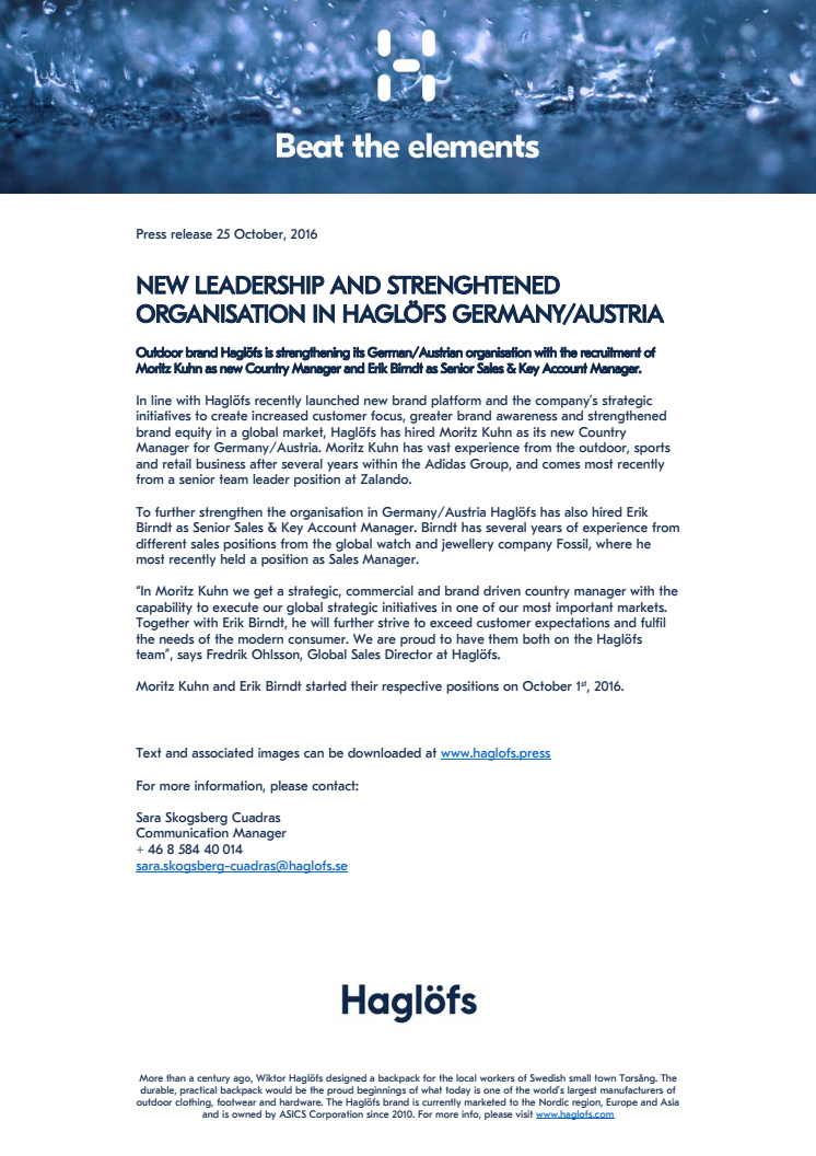 NEW LEADERSHIP AND STRENGHTENED ORGANISATION IN HAGLÖFS GERMANY/AUSTRIA 