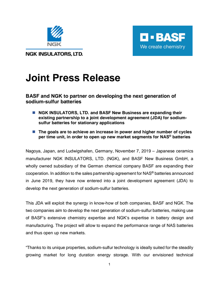 (Joint Press Release)BASF and NGK to partner on developing the next generation of sodium-sulfur batteries