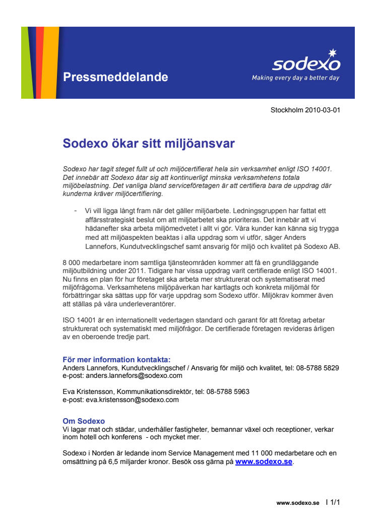 Sodexo ökar sitt miljöansvar