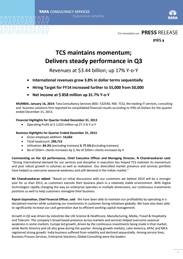 TCS maintains momentum; Delivers steady performance in Q3.