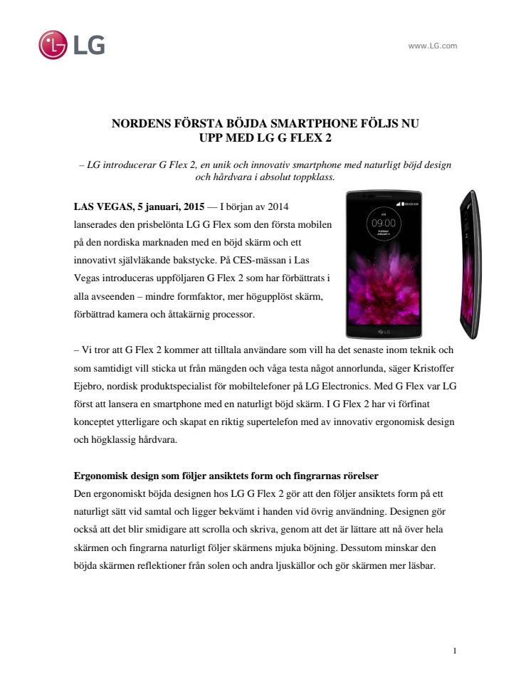 NORDENS FÖRSTA BÖJDA SMARTPHONE FÖLJS NU  UPP MED LG G FLEX 2