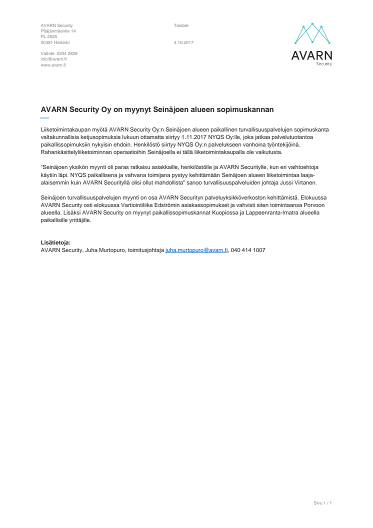 AVARN Security Oy on myynyt Seinäjoen alueen sopimuskannan