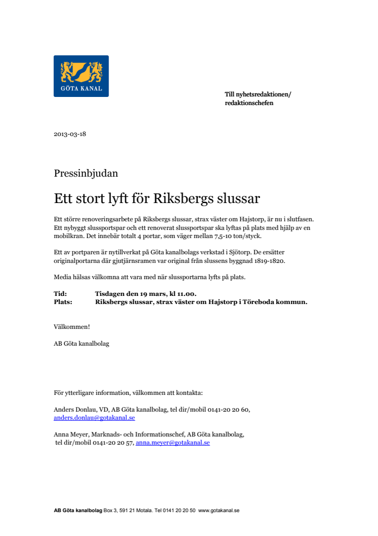 Pressinbjudan Ett stort lyft för Riksbergs slussar, Göta kanal