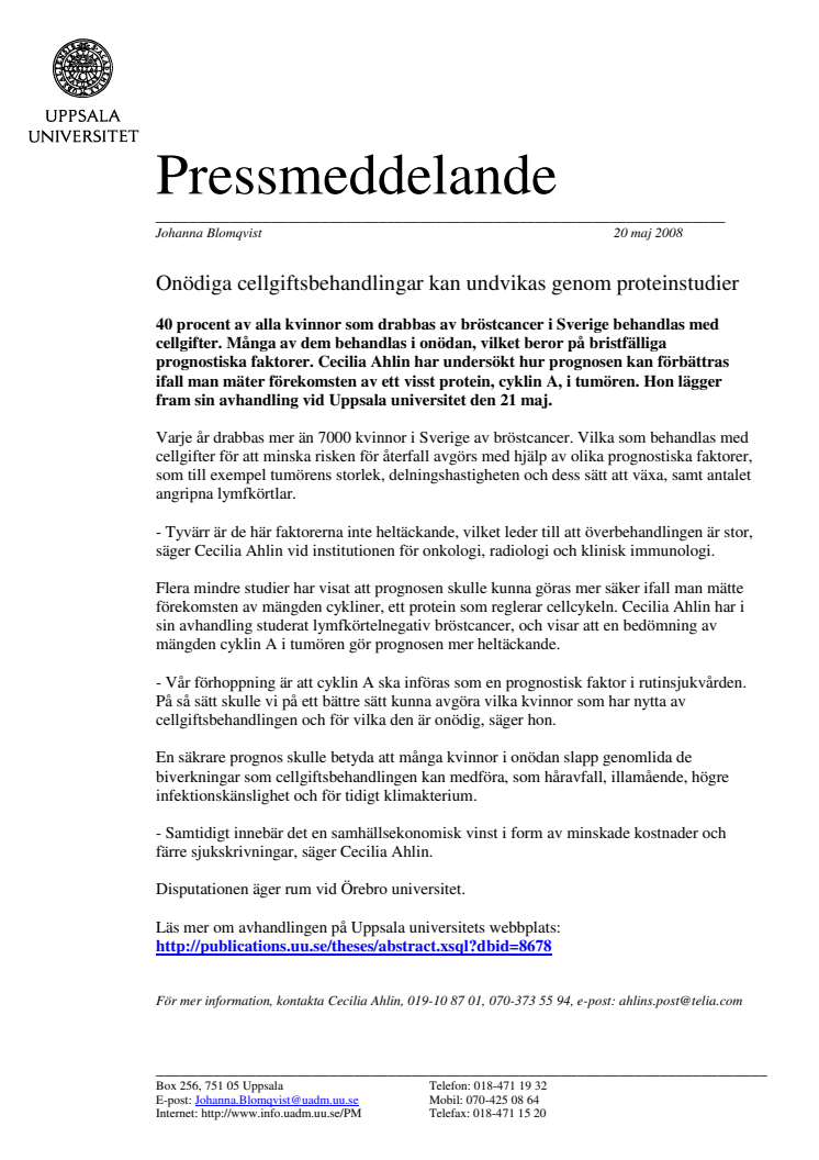 Onödiga cellgiftsbehandlingar kan undvikas genom proteinstudier