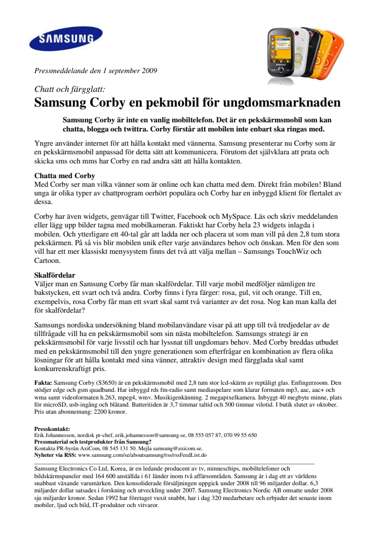 Samsung Corby en pekmobil för ungdomsmarknaden